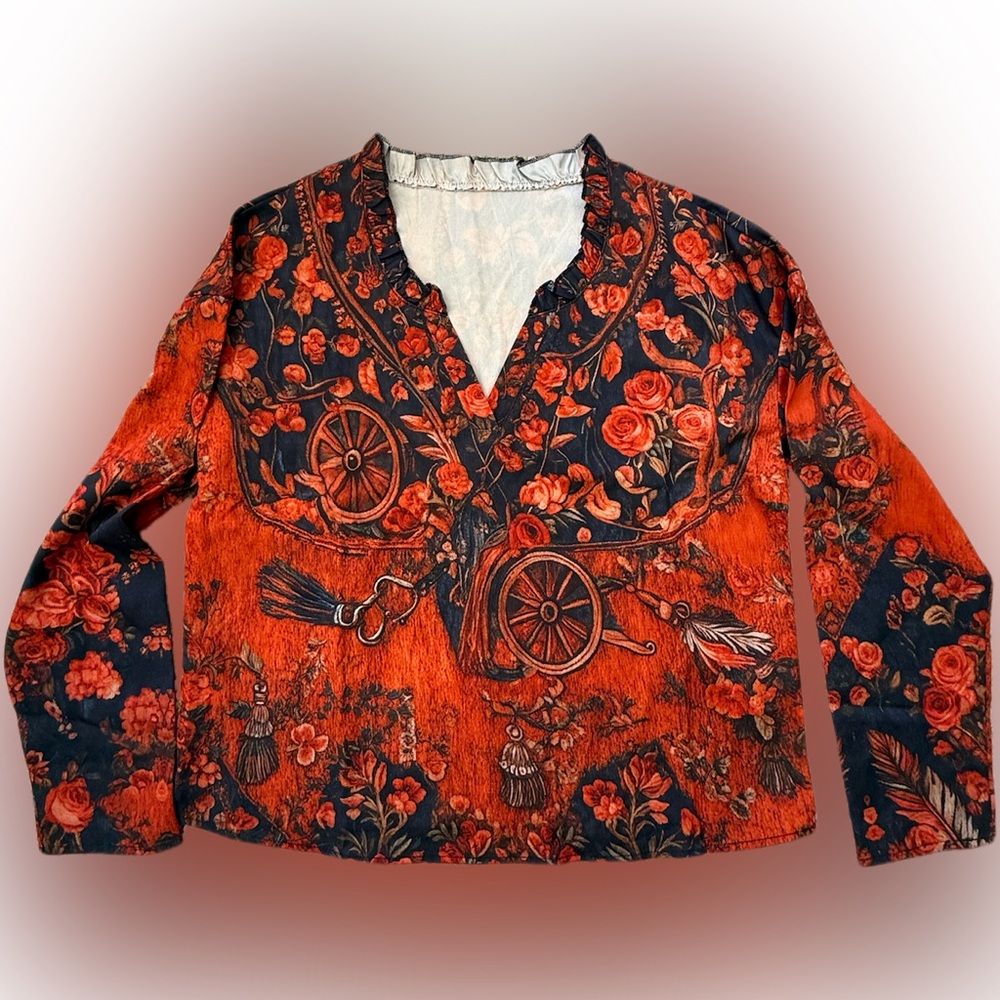 Floral and Wheel Patterned Blouse